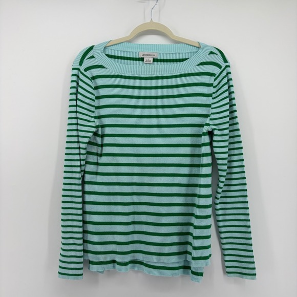 Liz Claiborne Sweaters - Liz Claiborne Womens L Blue Green Striped Sweater Ribbed Boat Neck Long Sleeve